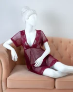 Short Sleeve V-Neck Backless Babydoll Chemise with Open Crotch Thong, Sheer Nightdress Sleepwear