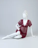 Short Sleeve V-Neck Backless Babydoll Chemise with Open Crotch Thong, Sheer Nightdress Sleepwear