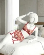 Women’s Red Floral Embroidered Lace Garter Lingerie Set
