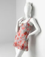 Lace Floral Babydoll Lingerie 2-Piece Mesh Slip with Bow, Low Cut Halter Style Nightie and G-String
