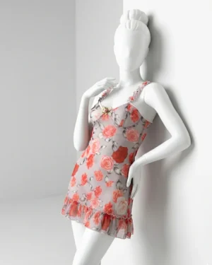 Lace Floral Babydoll Lingerie 2-Piece Mesh Slip with Bow, Low Cut Halter Style Nightie and G-String