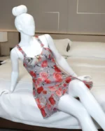 Lace Floral Babydoll Nightdress 2-Piece Mesh Slip with Bow, Low Cut Halter Style Nightie and G-String