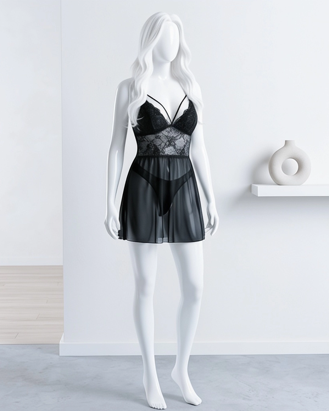 Black Lace Strappy Chemise - Pink Straps Black Lace Strappy Chemise - Pink Straps