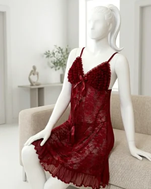 Red Floral Lace Nightdress - Pink Straps