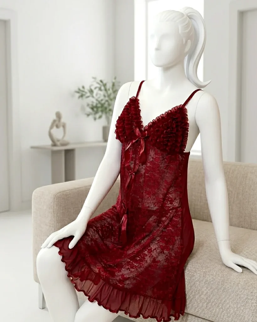 Red Floral Lace Nightdress - Pink Straps
