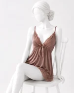 Taupe Lace Mesh Nightdress - Pink Straps