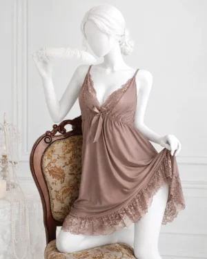 Taupe Lace Mesh Nightdress - Pink Straps
