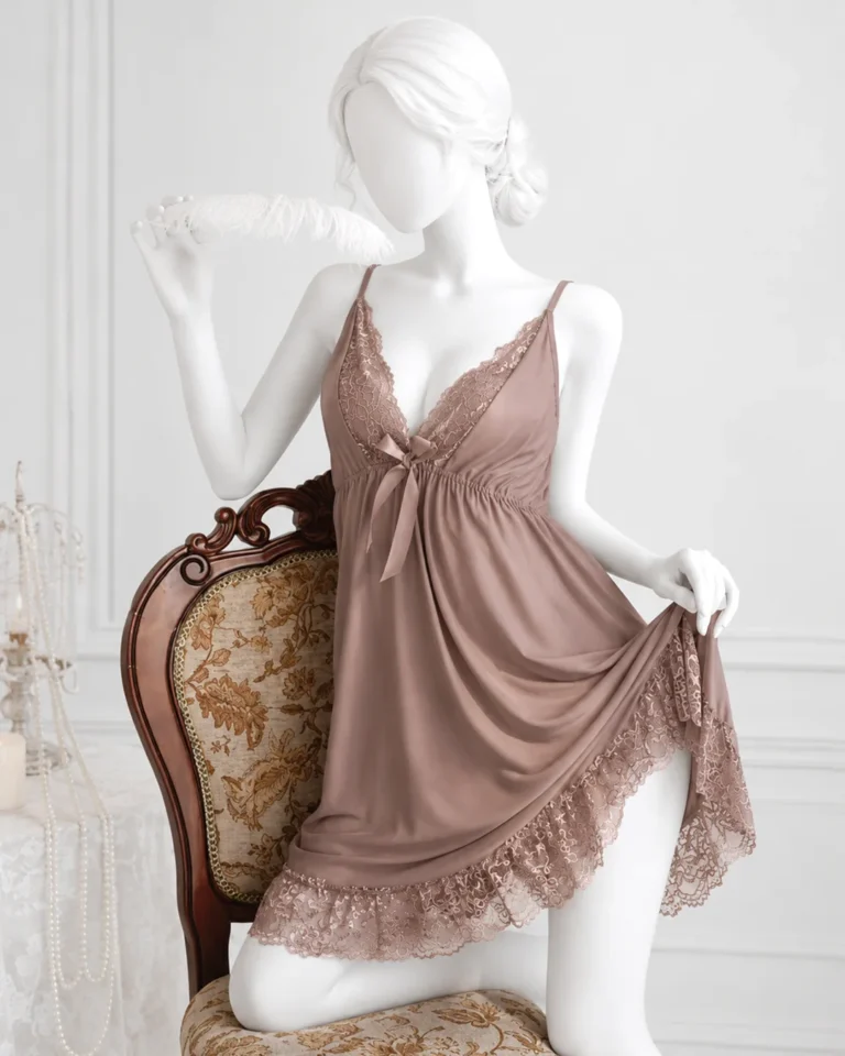 Taupe Lace Mesh Nightdress - Pink Straps