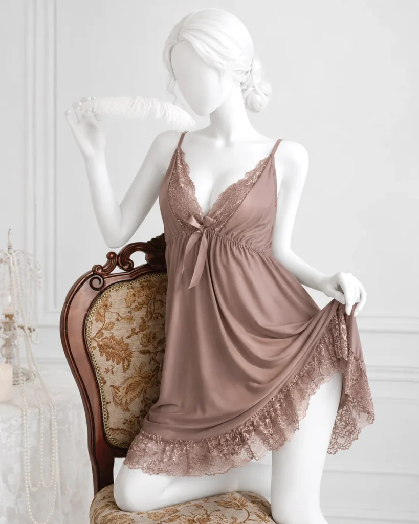 Taupe Lace Mesh Nightdress - Pink Straps