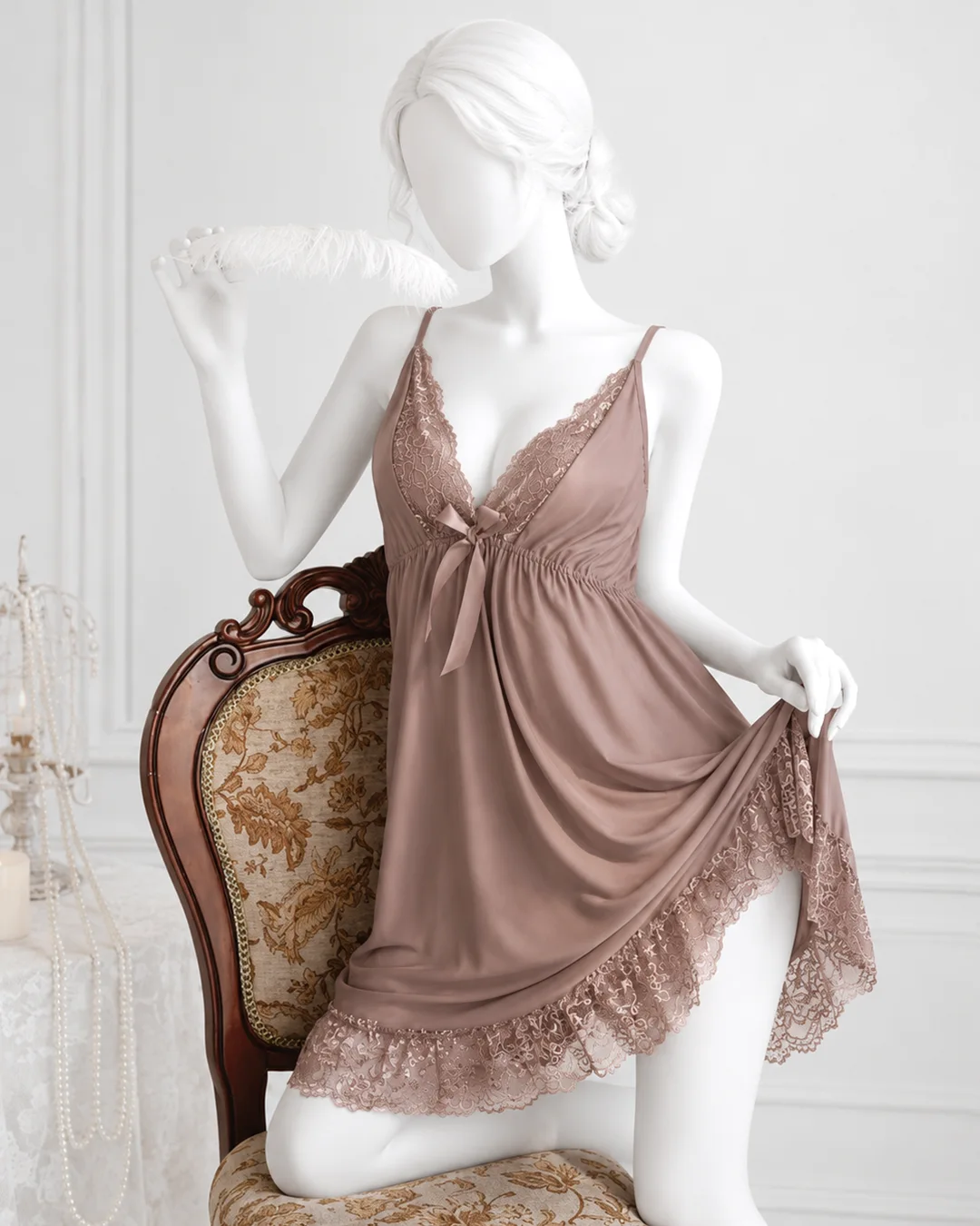 Taupe Lace Mesh Nightdress - Pink Straps Taupe Lace Mesh Nightdress - Pink Straps