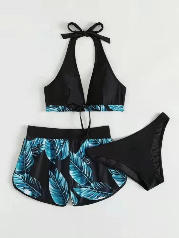 Summer Modest Bikini Leaf Printed Bikini With Shorts - Image 4