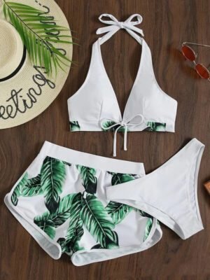 Summer Modest Bikini Leaf Printed Bikini With Shorts