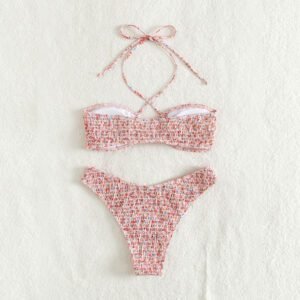 Vintage Style Bikini Flowers Print Pleated Design Bikini Set