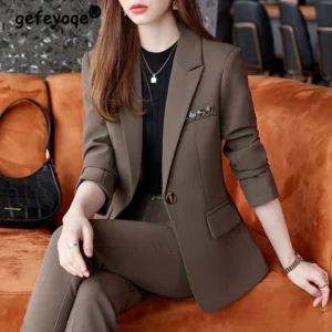 Women's Korean Style Suit Notch Collar Casual Blazer And Pant Set