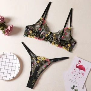 Floral Embroidery Sexy Bikini For Women Sheer  Underwear Set