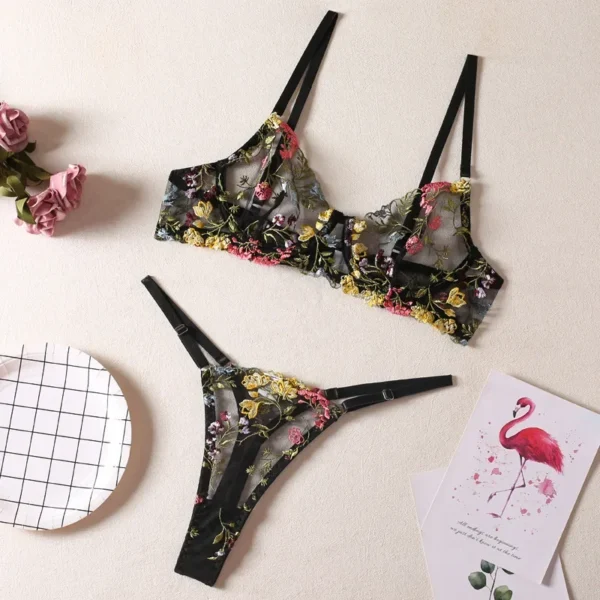 Floral Embroidery Sexy Bikini For Women Sheer  Underwear Set