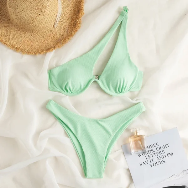 Ladies Push Up Bikini Cut Out One Shoulder High Waist Bikini - Image 15