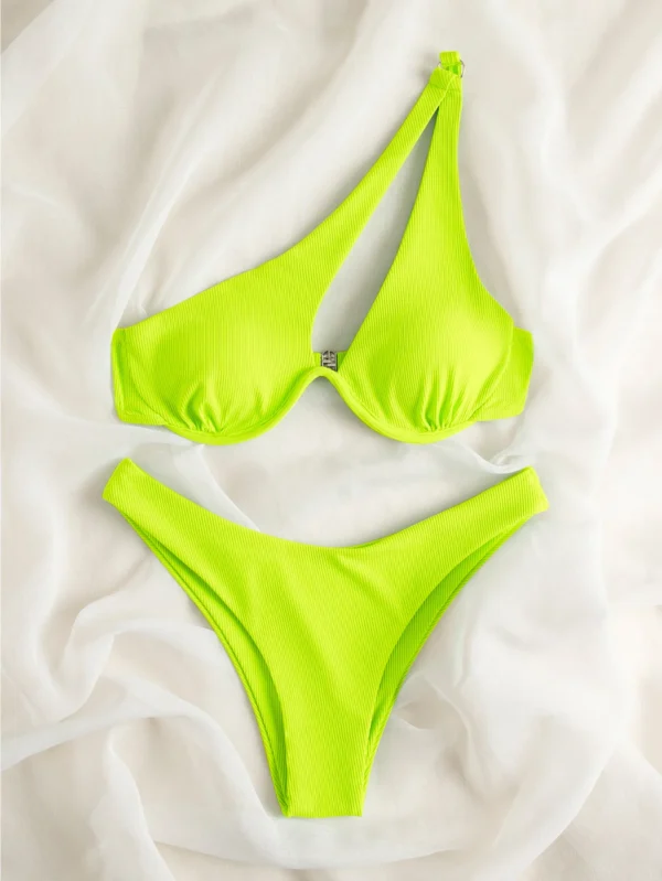 Ladies Push Up Bikini Cut Out One Shoulder High Waist Bikini - Image 8