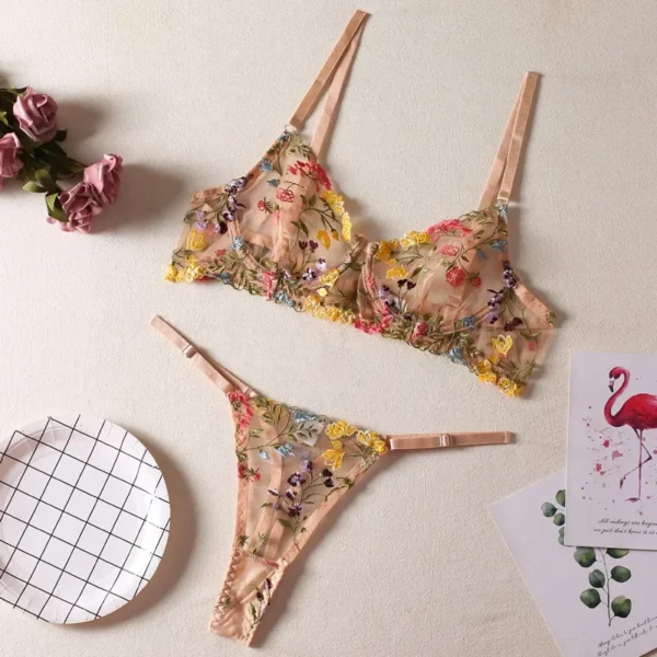 Floral Embroidery Sexy Bikini For Women Sheer  Underwear Set - Image 2