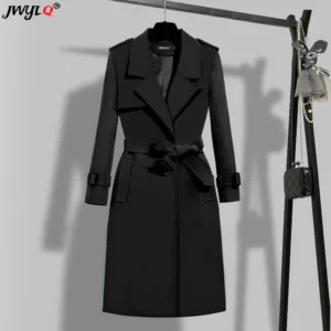WomenLong Slim- Fit Trench Coat Turn down Collar Overcoat