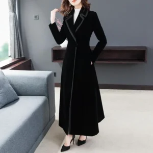 Women's Long Slim-Fit Trench Coat Black Velvet Dress