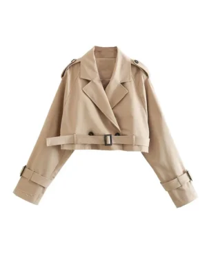 Chic Lady Khaki Cropped Design Jacket Casual Top
