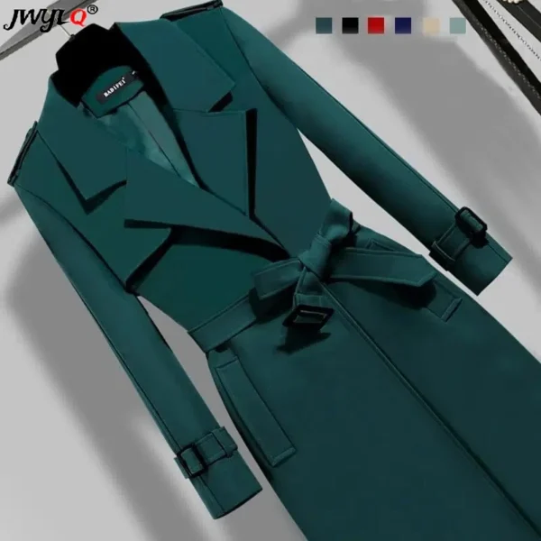 Womenlong Slim- Fit Trench Coat Turn Down Collar Overcoat - Image 3