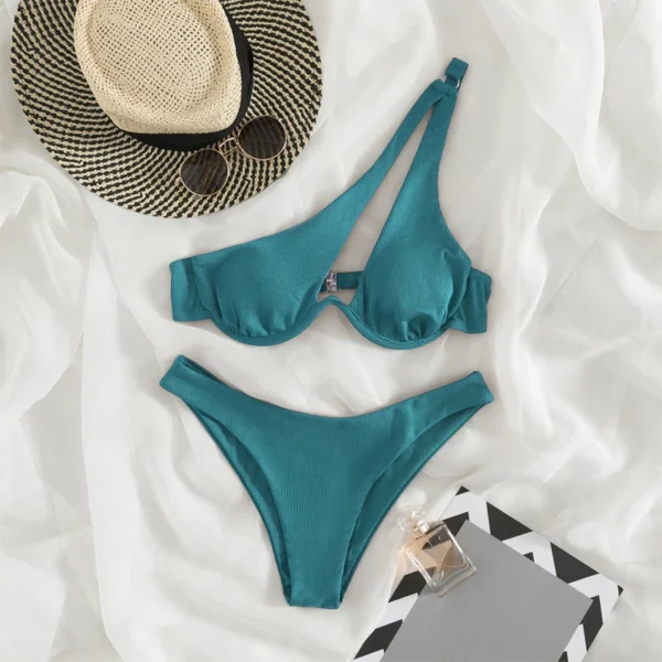 Ladies Push Up Bikini Cut Out One Shoulder High Waist Bikini - Image 14