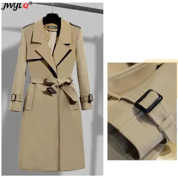 Womenlong Slim- Fit Trench Coat Turn Down Collar Overcoat - Image 4