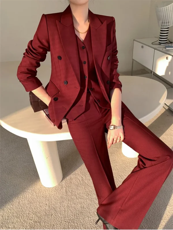 Women'S Burgundy Suit Set Elegant Office Dress 3 Piece - Image 3
