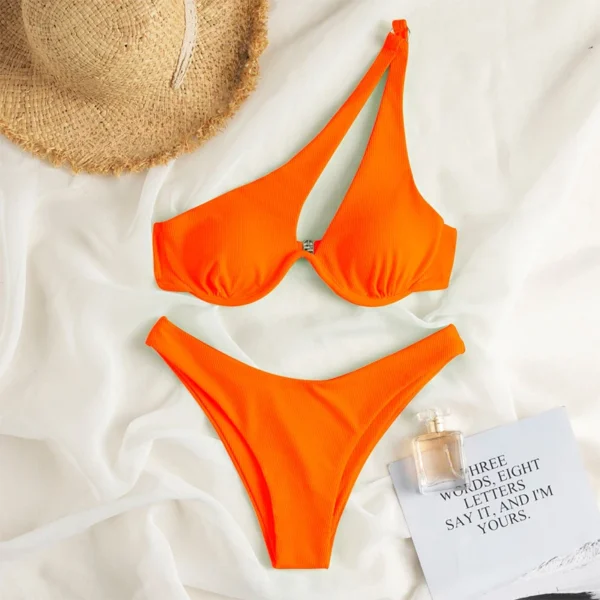 Ladies Push Up Bikini Cut Out One Shoulder High Waist Bikini - Image 5
