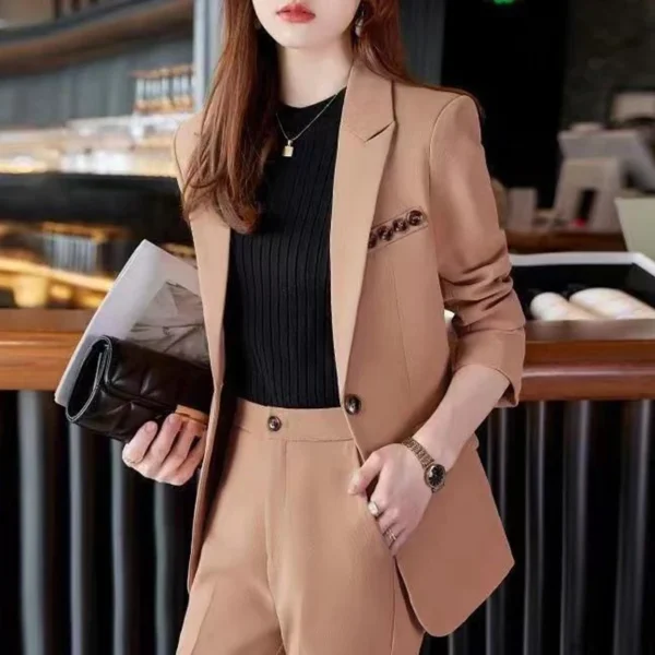 Women'S Korean Style Suit Notch Collar Casual Blazer And Pant Set - Image 3