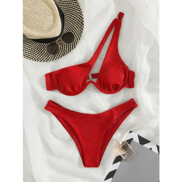 Ladies Push Up Bikini Cut Out One Shoulder High Waist Bikini - Image 11