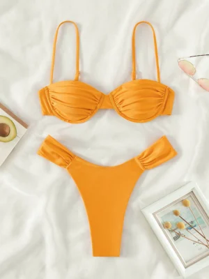 Cute Two Piece Bikinis Pleated Bra Panty Sexy Bikini Sets
