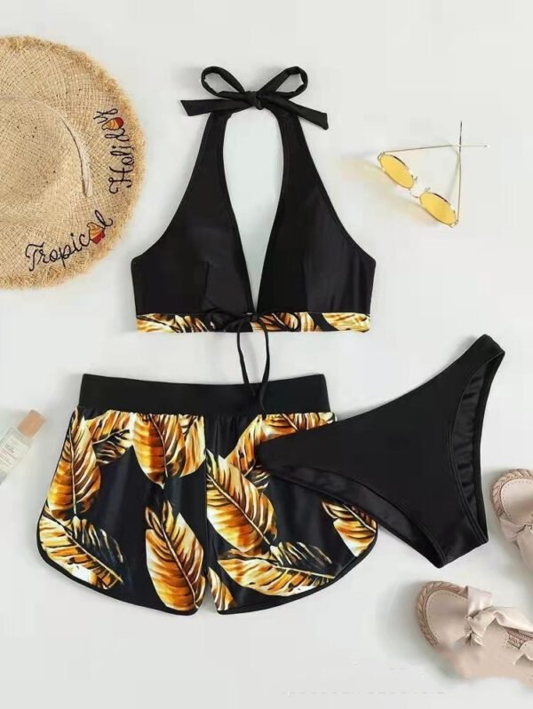 Summer Modest Bikini Leaf Printed Bikini With Shorts - Image 3