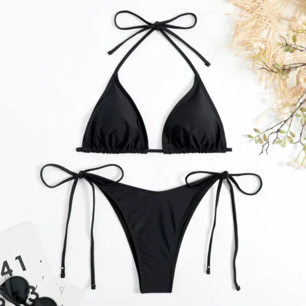 Women'S Solid Color Sexy Bikini Drawstring Bikini - Image 5