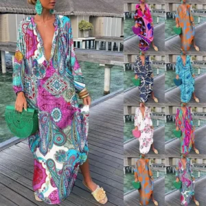 Printed Beach Dress Elegant Deep V-Neck Maxi Dress