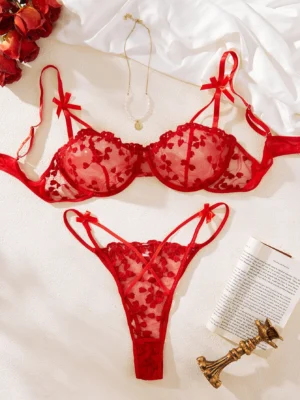 Sexy Cute Two Piece Bikinis Heart Embroidery Bra+Panty
