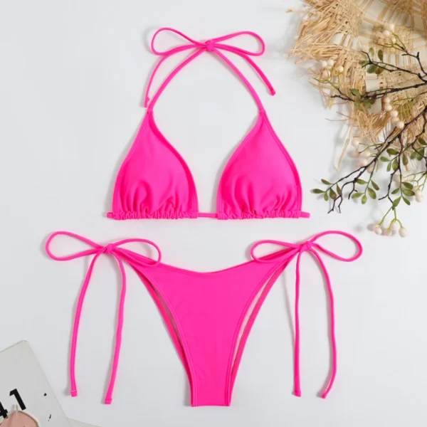 Women'S Solid Color Sexy Bikini Drawstring Bikini - Image 4