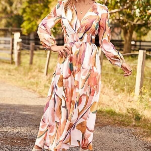 Casual Beach Wear Long Sleeve V-Neck Printed Beach Dress