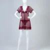 Short Sleeve V-Neck Backless Babydoll Chemise with Open Crotch Thong, Sheer Nightdress Sleepwear