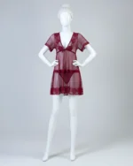 Short Sleeve V-Neck Backless Babydoll Chemise with Open Crotch Thong, Sheer Nightdress Sleepwear