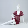 Short Sleeve V-Neck Backless Babydoll Chemise with Open Crotch Thong, Sheer Nightdress Sleepwear