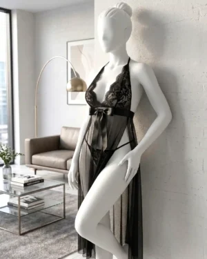 Women’s Sexy Sheer Lace Long Robe Lingerie Set