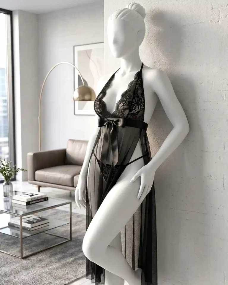 Women’s Sexy Sheer Lace Long Robe Lingerie Set
