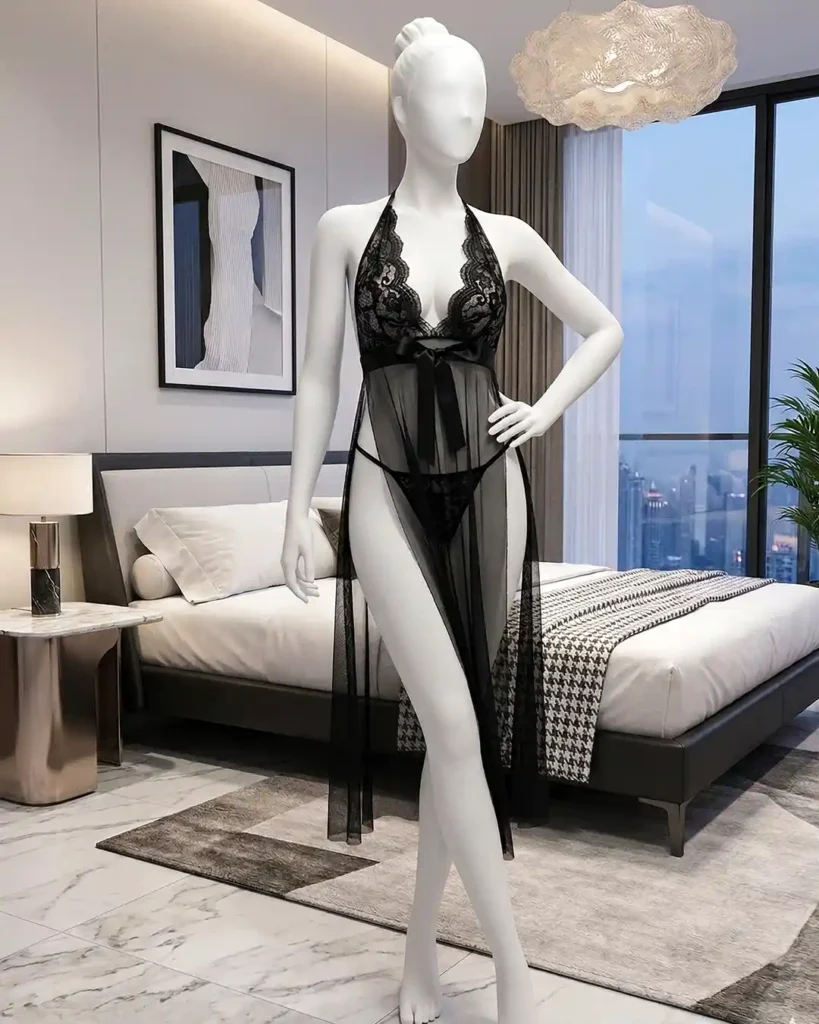 Women’s Sexy Sheer Lace Long Robe Lingerie Set