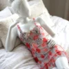 Lace Floral Babydoll Lingerie 2-Piece Mesh Slip with Bow, Low Cut Halter Style Nightie and G-String